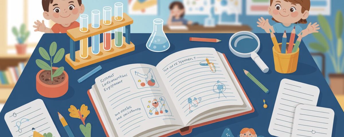 Bright classroom desk with open experiment logbook, colorful science tools, friendly mascots.