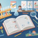 Bright classroom desk with open experiment logbook, colorful science tools, friendly mascots.