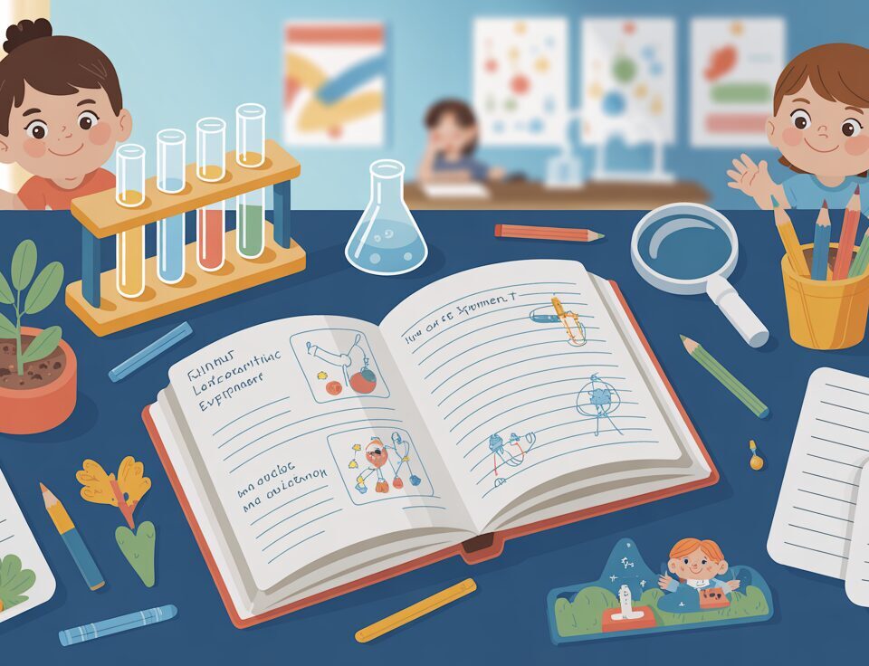 Bright classroom desk with open experiment logbook, colorful science tools, friendly mascots.