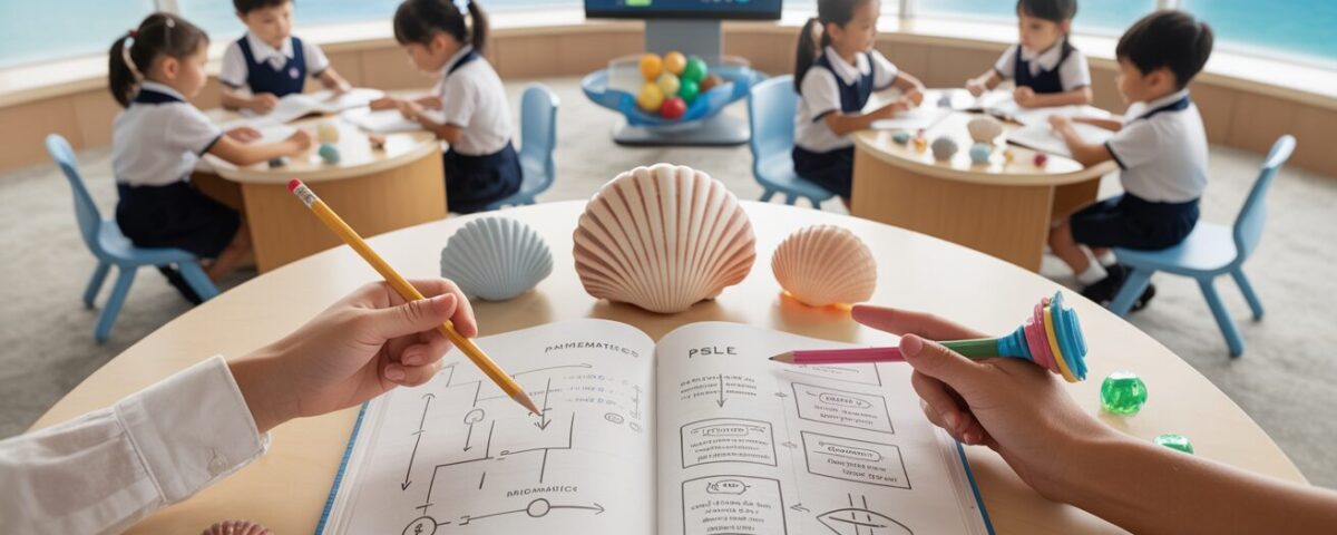 Bright classroom with a pearl-like ambiance, students engage in math, guided by teacher's seashell pointer.