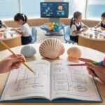 Bright classroom with a pearl-like ambiance, students engage in math, guided by teacher's seashell pointer.