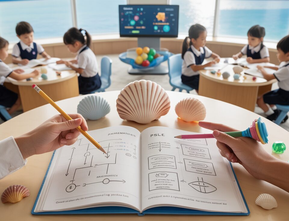 Bright classroom with a pearl-like ambiance, students engage in math, guided by teacher's seashell pointer.