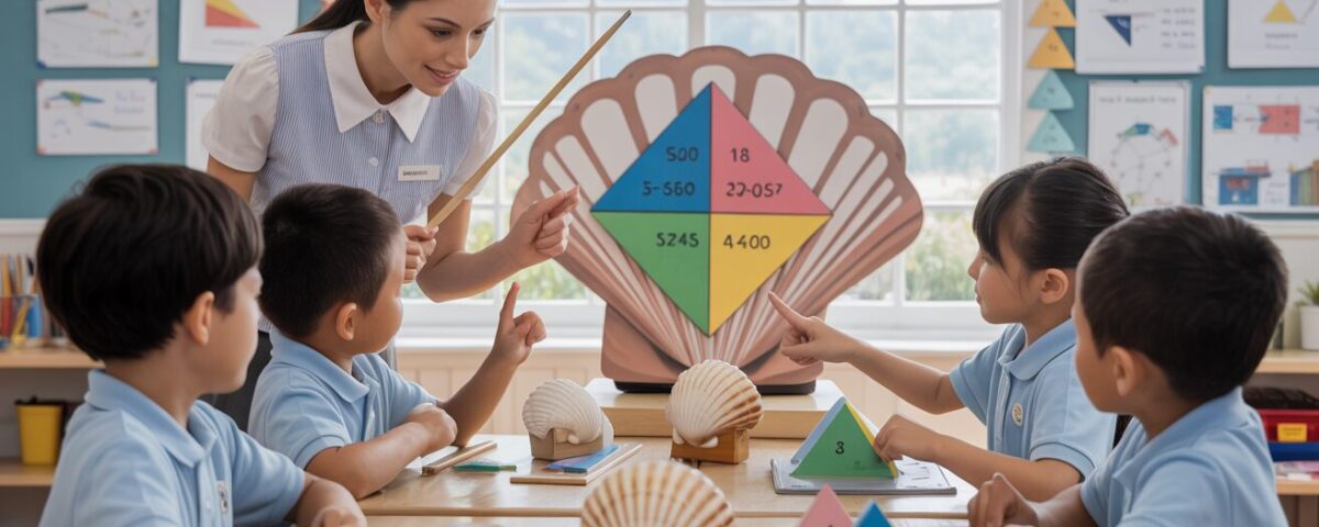 Bright classroom with seashell display, teacher guiding students on geometry with 3D puzzles.