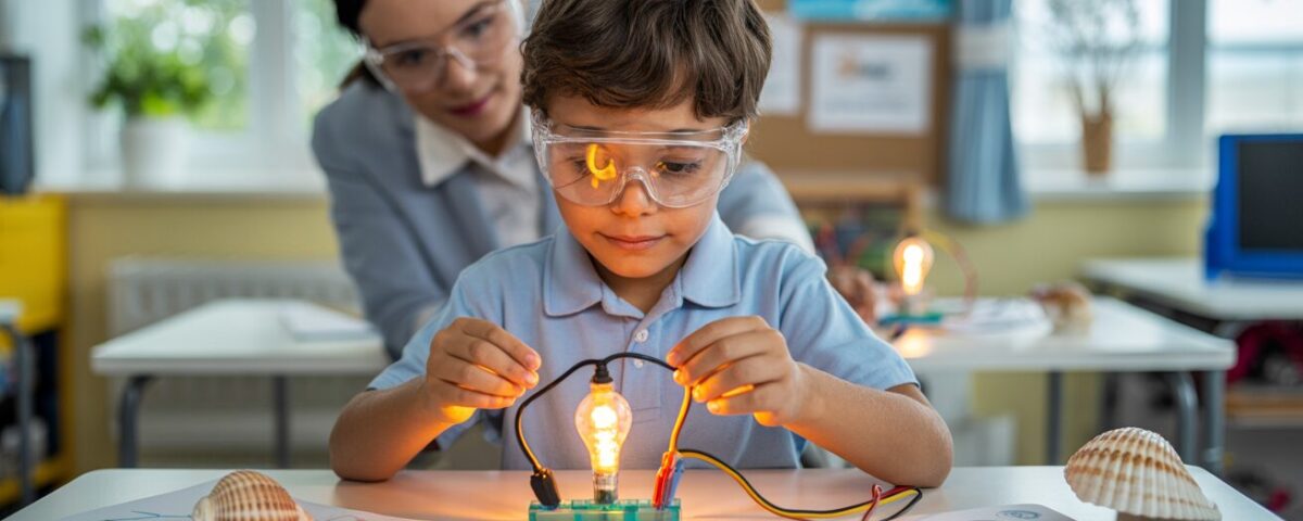 Child assembling electric circuit in classroom with teacher's guidance.