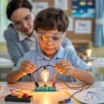 Child assembling electric circuit in classroom with teacher's guidance.