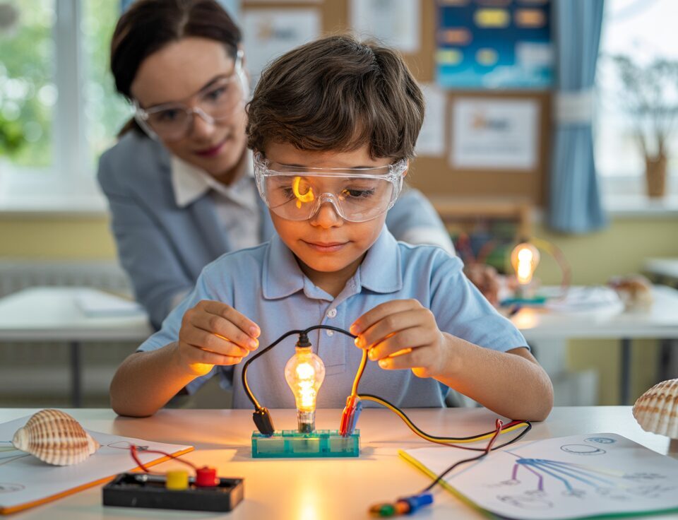 Child assembling electric circuit in classroom with teacher's guidance.