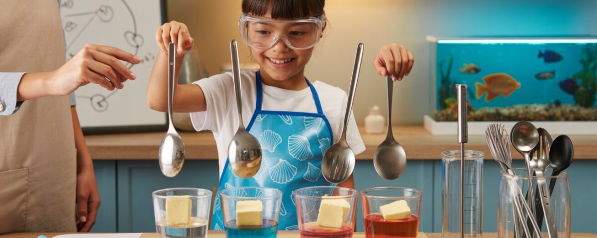 Child conducts heat experiment in kitchen lab with melting butter on spoons, teacher assists.