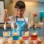 Child conducts heat experiment in kitchen lab with melting butter on spoons, teacher assists.