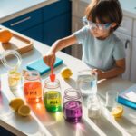 Child conducts pH experiment with colorful cabbage water, lemons, and baking soda on a bright kitchen counter.