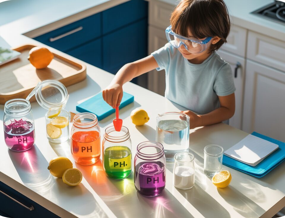 Child conducts pH experiment with colorful cabbage water, lemons, and baking soda on a bright kitchen counter.