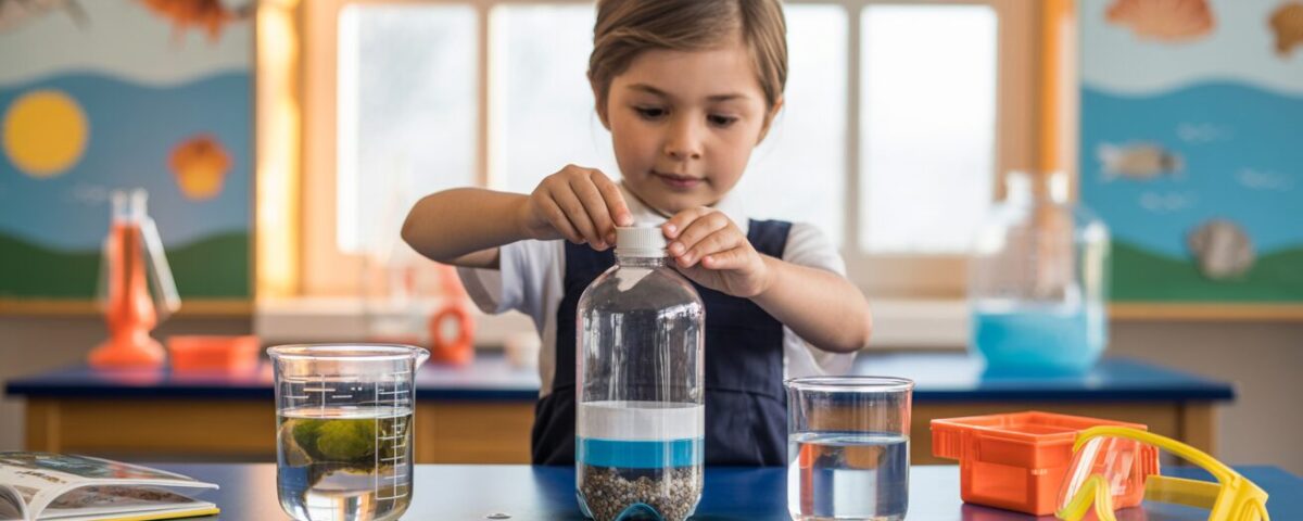 Child in uniform conducts water filtration experiment in bright lab setting.