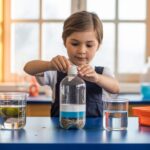 Child in uniform conducts water filtration experiment in bright lab setting.