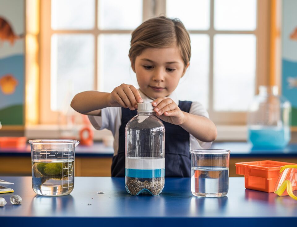 Child in uniform conducts water filtration experiment in bright lab setting.