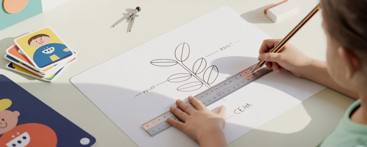 Child's hands drawing a plant cell diagram with ruler on white desk, surrounded by educational props in daylight.