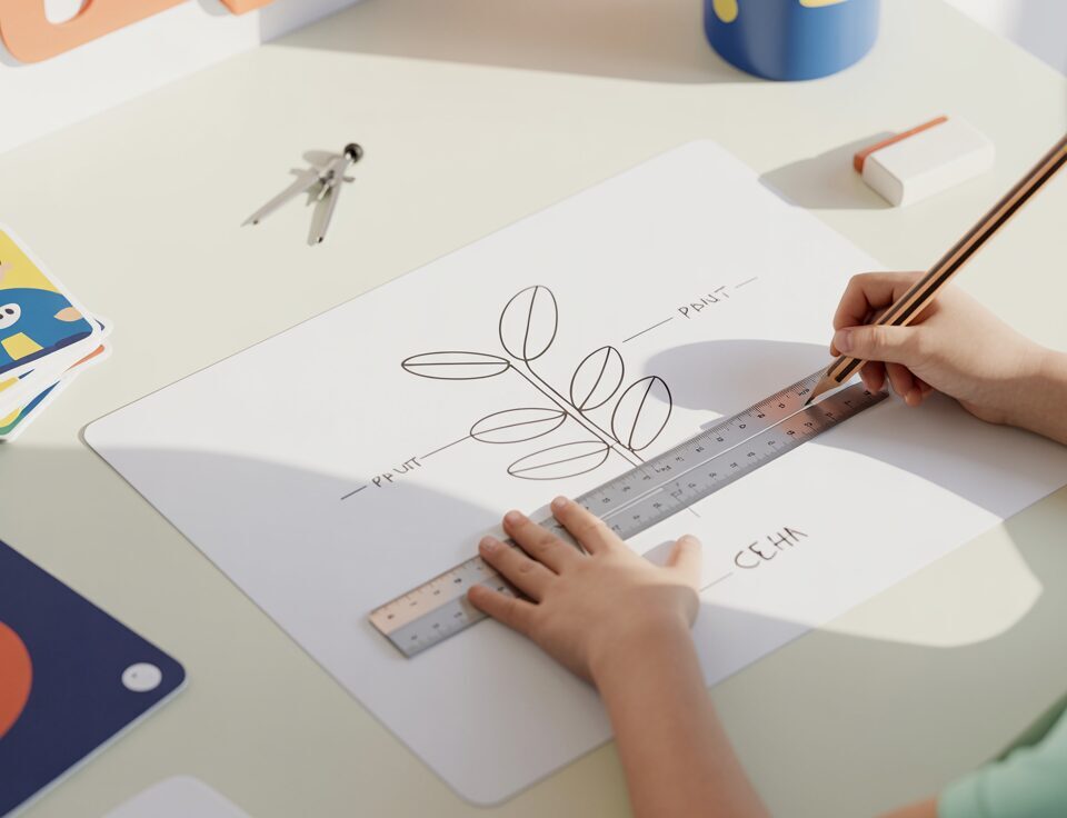 Child's hands drawing a plant cell diagram with ruler on white desk, surrounded by educational props in daylight.