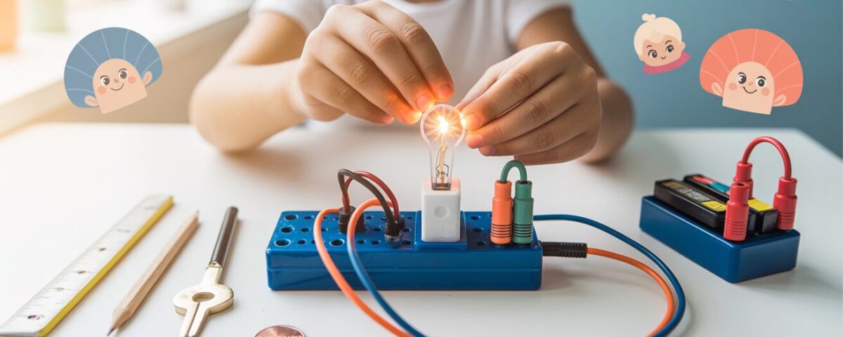 Child's hands experimenting with colorful circuit kit, glowing LED on white desk.