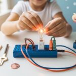 Child's hands experimenting with colorful circuit kit, glowing LED on white desk.