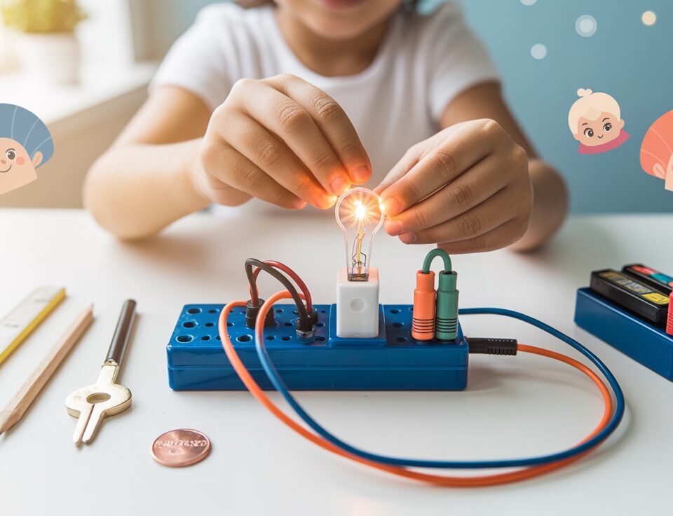Child's hands experimenting with colorful circuit kit, glowing LED on white desk.