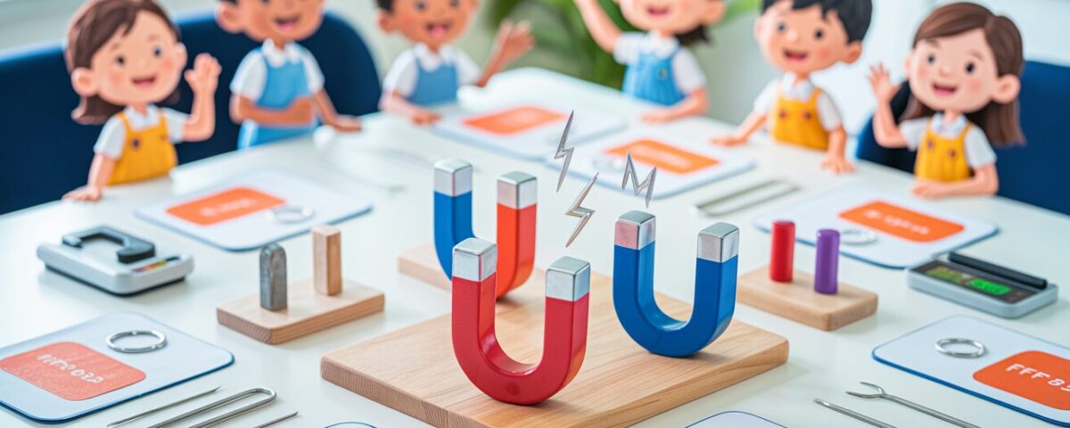 Colorful magnets on lab table with testing materials, students observing in background.