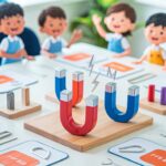 Colorful magnets on lab table with testing materials, students observing in background.