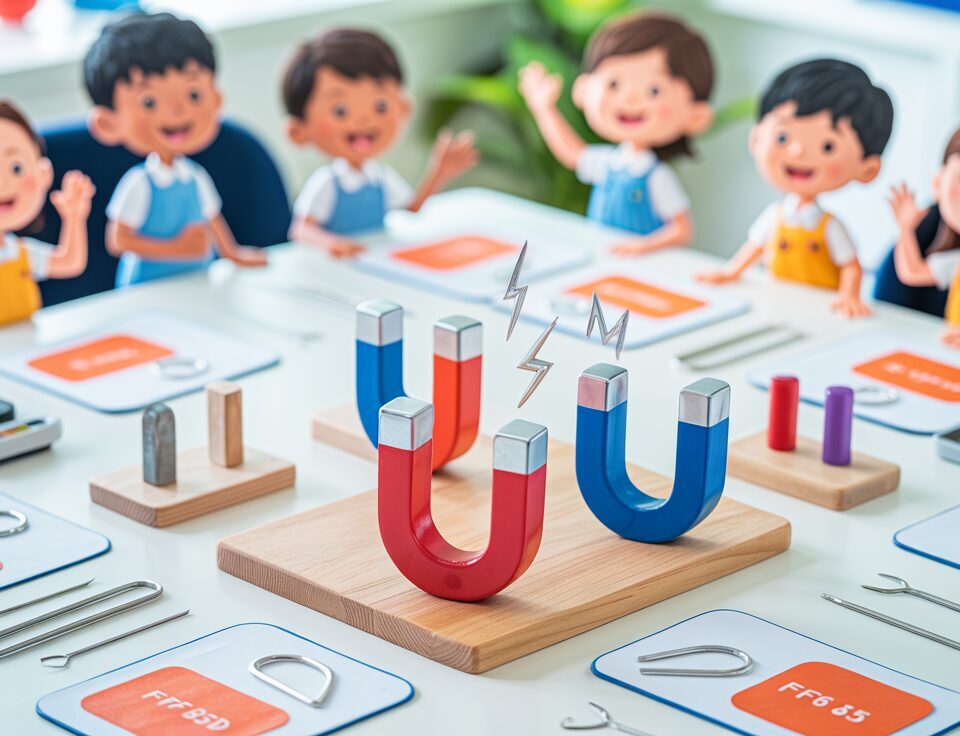 Colorful magnets on lab table with testing materials, students observing in background.