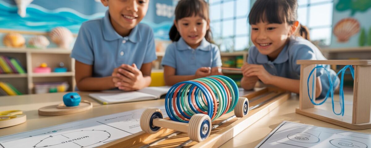Colorful rubber band car experiment in a bright classroom with engaged students.
