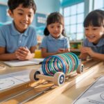 Colorful rubber band car experiment in a bright classroom with engaged students.