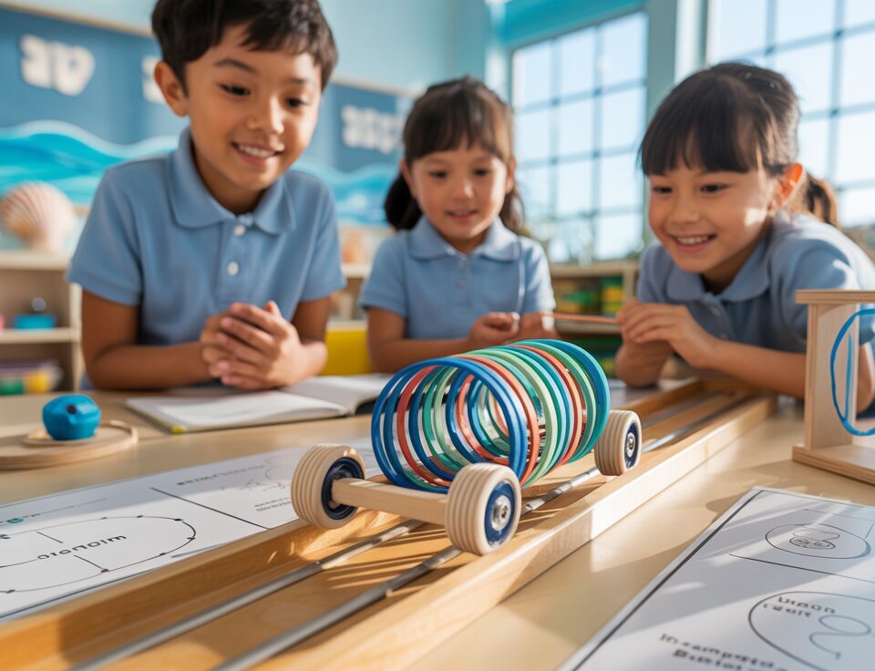 Colorful rubber band car experiment in a bright classroom with engaged students.