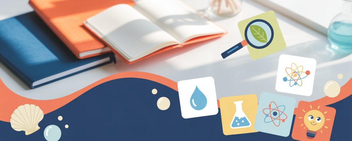 Colorful science flashcards with symbols like magnifying glass and test tube on navy desk with coral accents.