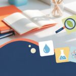 Colorful science flashcards with symbols like magnifying glass and test tube on navy desk with coral accents.