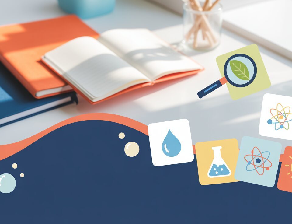 Colorful science flashcards with symbols like magnifying glass and test tube on navy desk with coral accents.