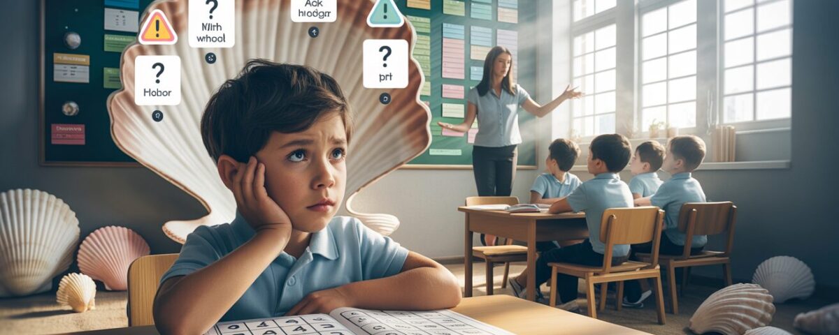 Confused student at desk, math worksheet, supportive teacher, serene classroom.