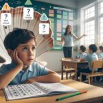 Confused student at desk, math worksheet, supportive teacher, serene classroom.