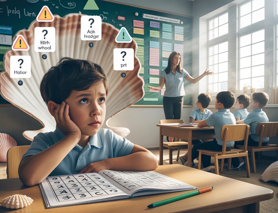Confused student at desk, math worksheet, supportive teacher, serene classroom.