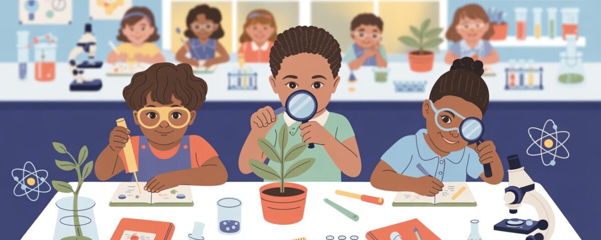 Diverse children in school uniforms conduct science experiments at a bright lab table.