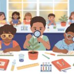 Diverse children in school uniforms conduct science experiments at a bright lab table.