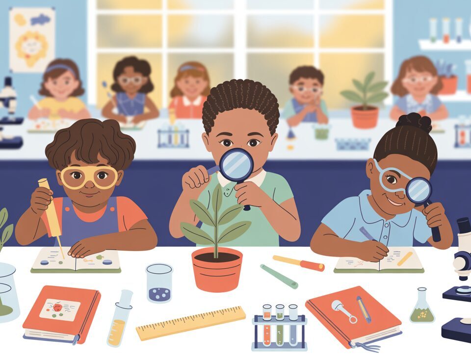 Diverse children in school uniforms conduct science experiments at a bright lab table.
