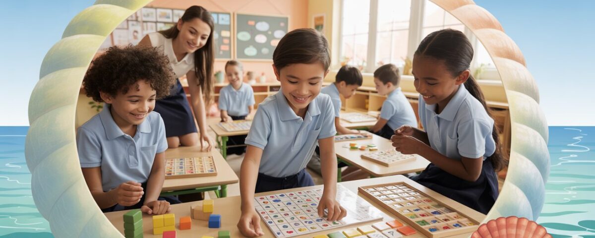 Diverse students in a seashell-shaped classroom solve math puzzles with blocks.