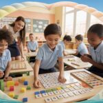 Diverse students in a seashell-shaped classroom solve math puzzles with blocks.