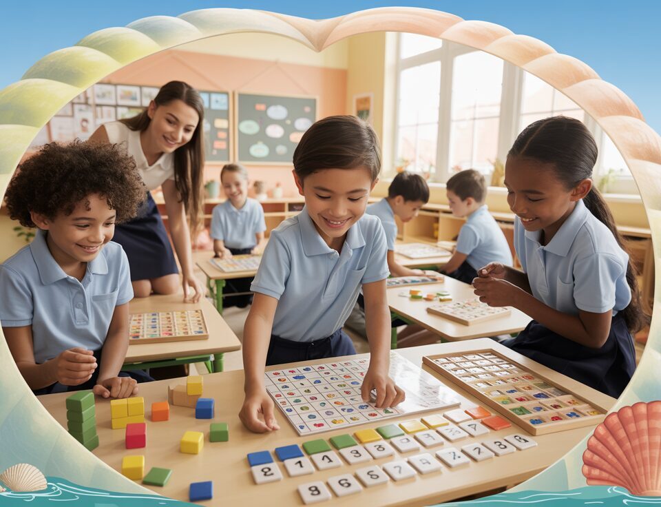 Diverse students in a seashell-shaped classroom solve math puzzles with blocks.