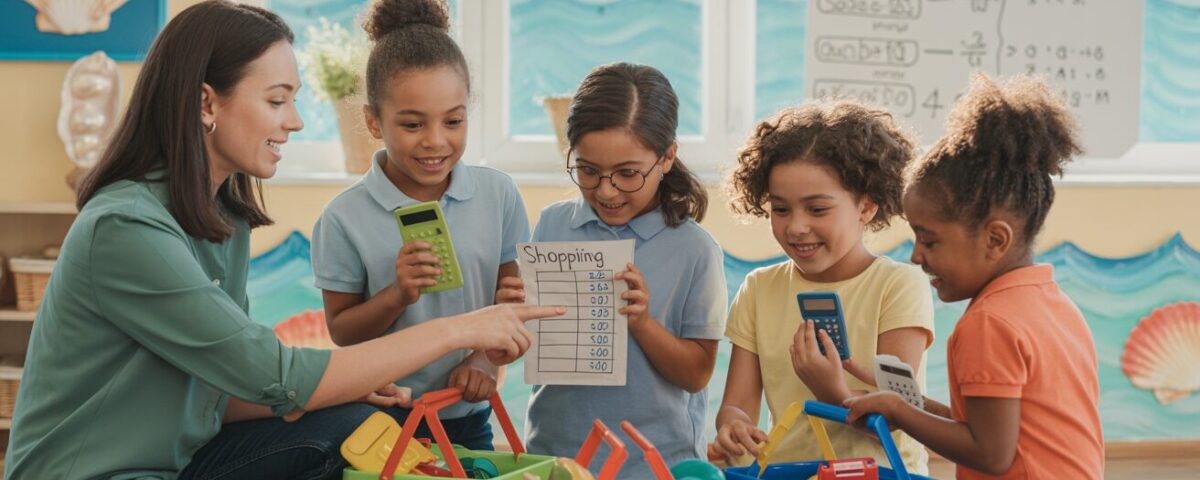 Kids in a classroom play store, learning math with a teacher and toy groceries.