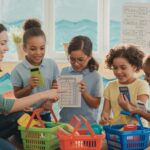Kids in a classroom play store, learning math with a teacher and toy groceries.