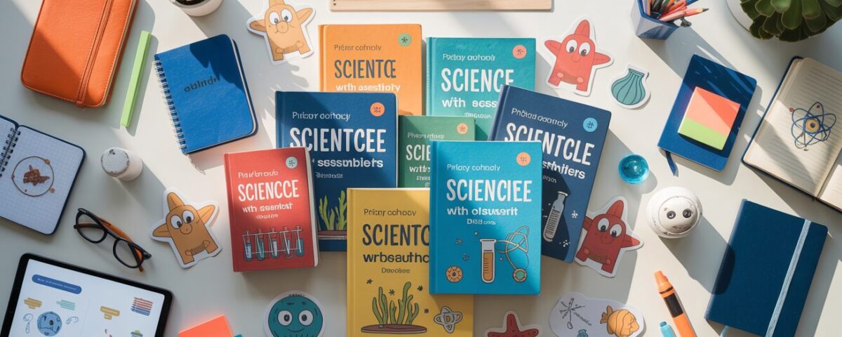 Organized desk with science books, tablet, colorful study tools, and sea creature mascots.