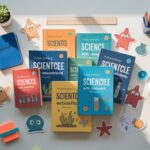 Organized desk with science books, tablet, colorful study tools, and sea creature mascots.