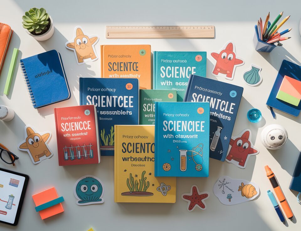 Organized desk with science books, tablet, colorful study tools, and sea creature mascots.