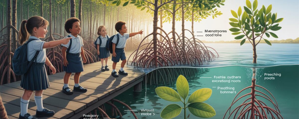 Primary students explore a sunlit mangrove ecosystem with detailed roots and adaptations.