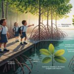 Primary students explore a sunlit mangrove ecosystem with detailed roots and adaptations.
