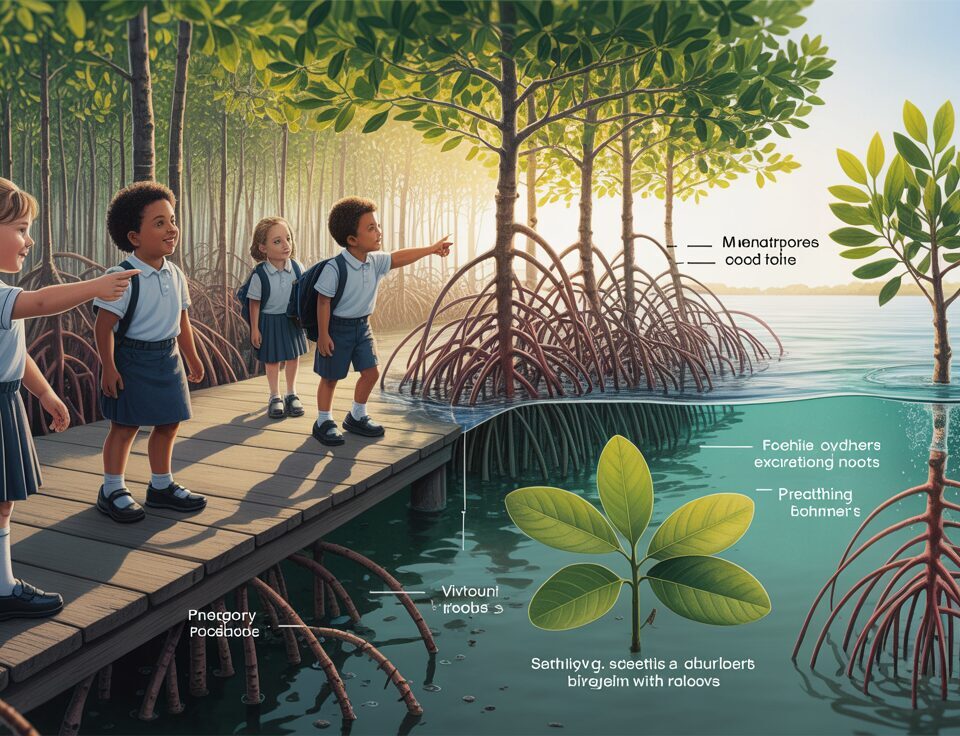 Primary students explore a sunlit mangrove ecosystem with detailed roots and adaptations.
