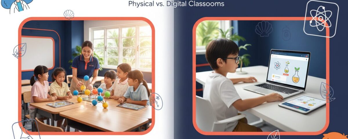Split-screen of a vibrant classroom with diverse kids and teacher, and a child using a laptop for science.