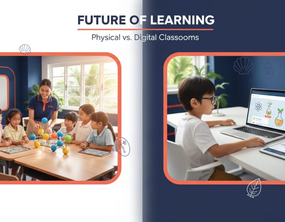 Split-screen of a vibrant classroom with diverse kids and teacher, and a child using a laptop for science.